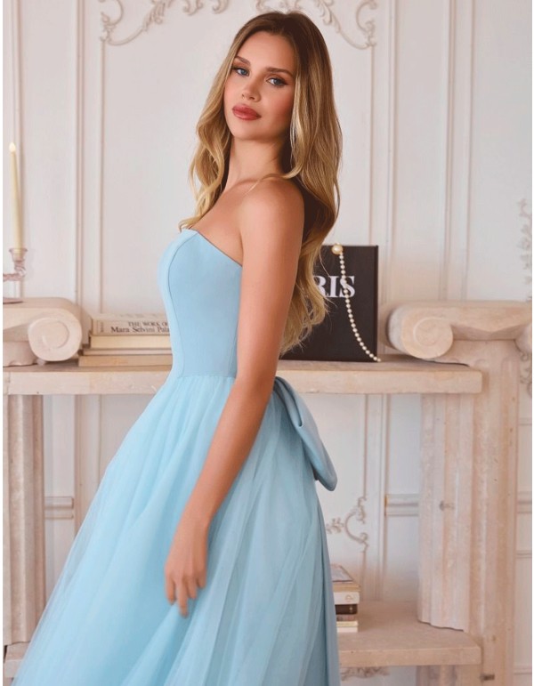 Long strapless guest dress with tulle skirt and bow detail 2