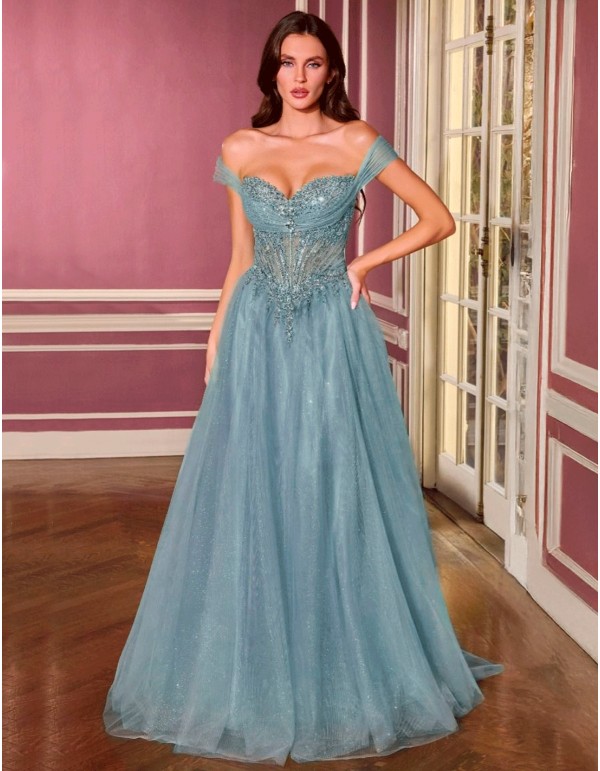 Vestido de princesa con escote bardot, corsé bordado y falda de tul brillante azul bebe