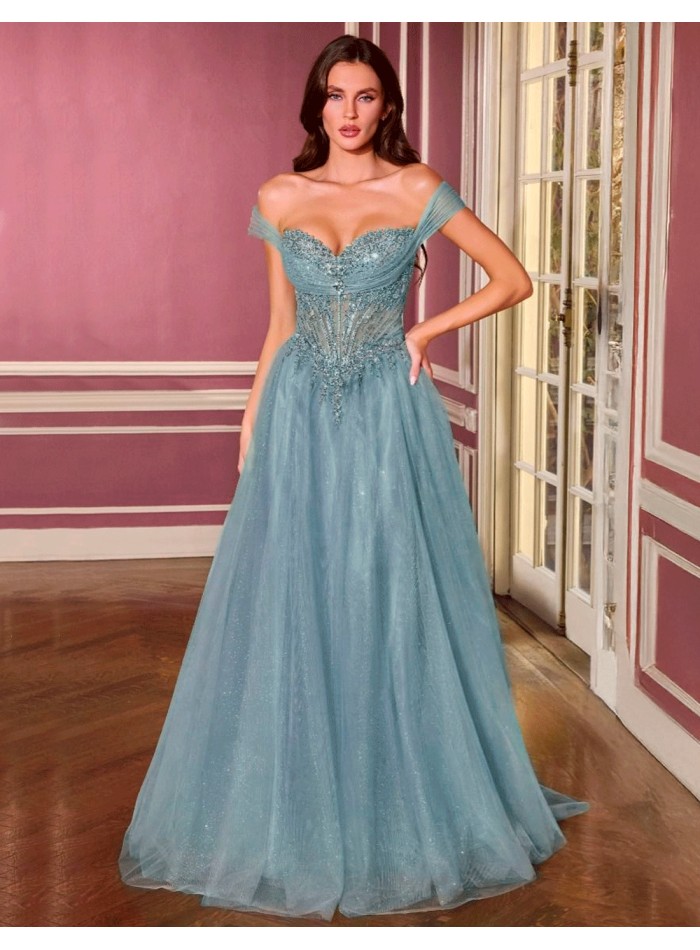 Vestido de princesa con escote bardot, corsé bordado y falda de tul brillante azul bebe