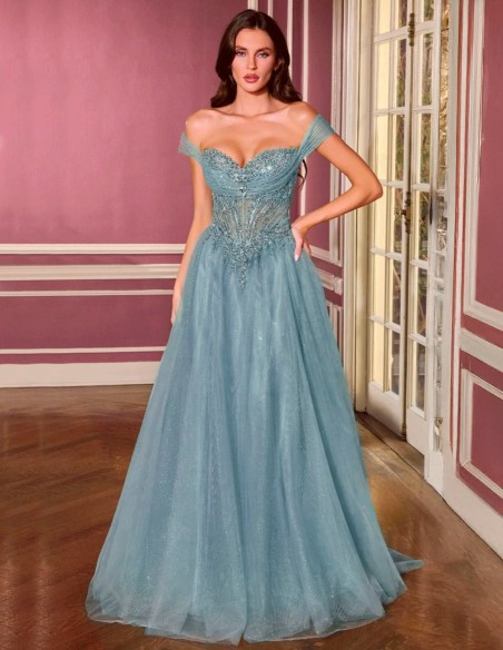 Princess dress with bardot neckline, embroidered corset and shimmering tulle skirt