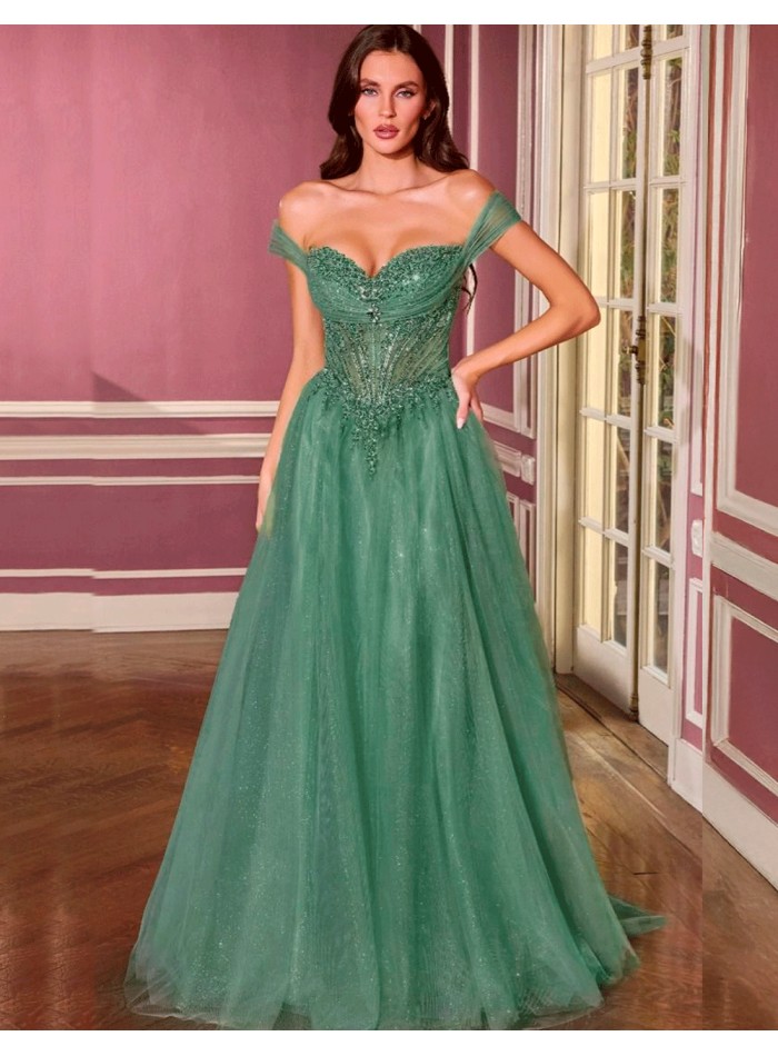 Vestido de princesa con escote bardot, corsé bordado y falda de tul brillante en color verde