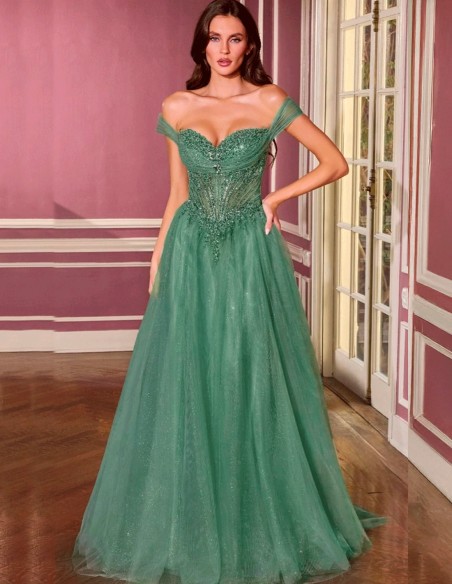 Vestido de princesa con escote bardot, corsé bordado y falda de tul brillante en color verde