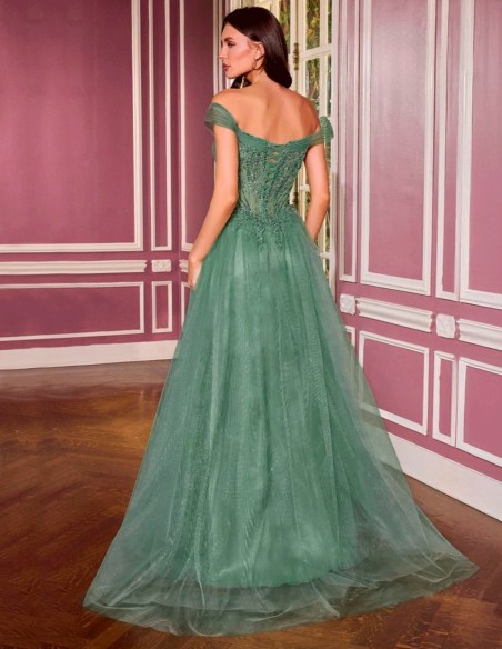 Princess dress with bardot neckline, embroidered corset and shimmering tulle skirt