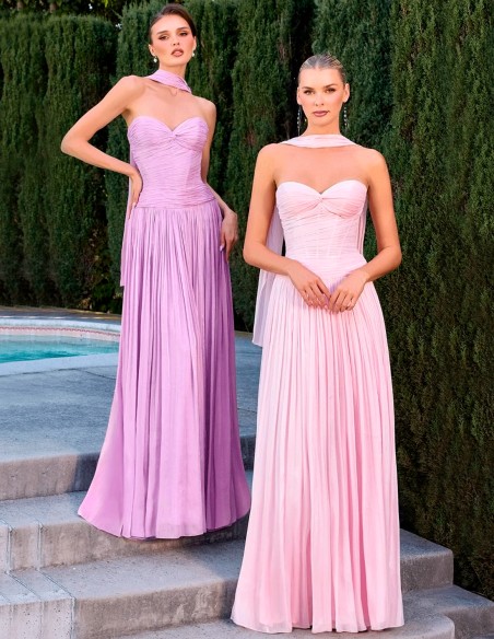 Vestido largo palabra de honor con escote corazón y falda fluida duo de vestido en lila y rosa