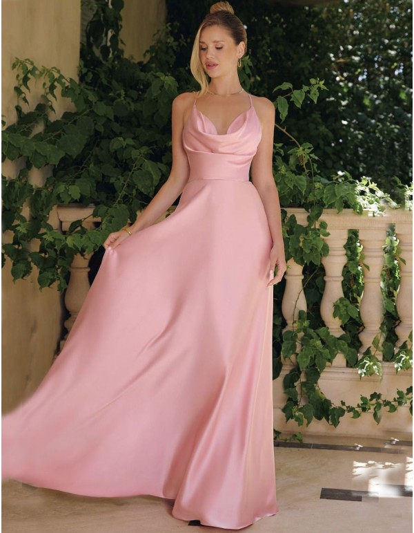 Vestido largo de invitada con escote cascada y tirante fino