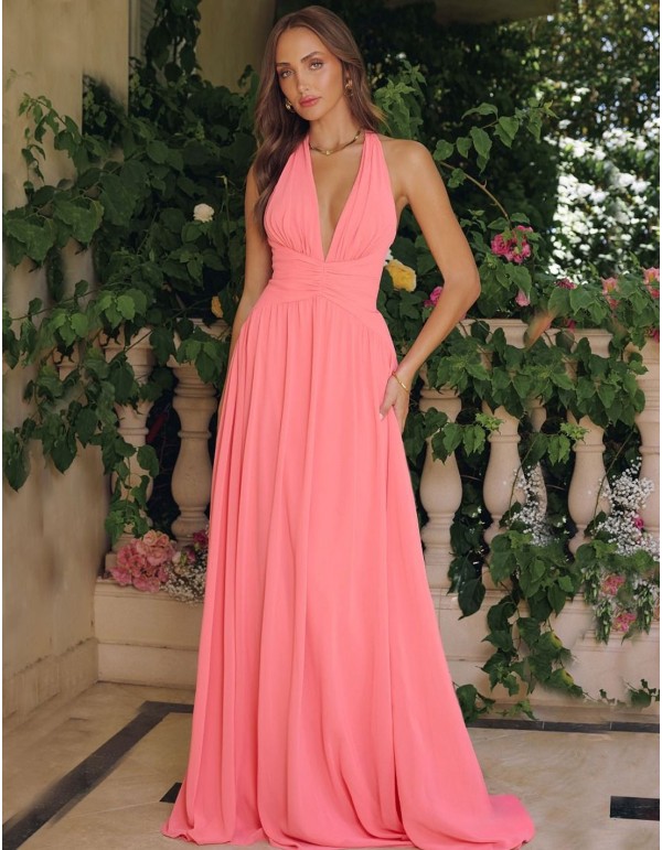 Vestido de fiesta largo para invitada con lazada en el cuello coral