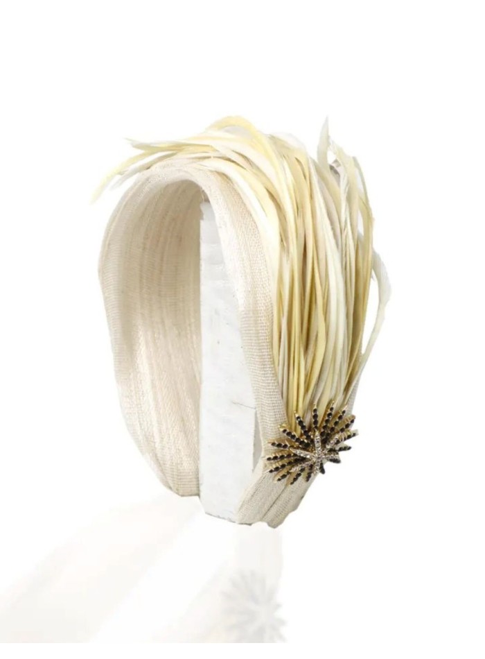 Raw sinamay silk guest headband with feathers