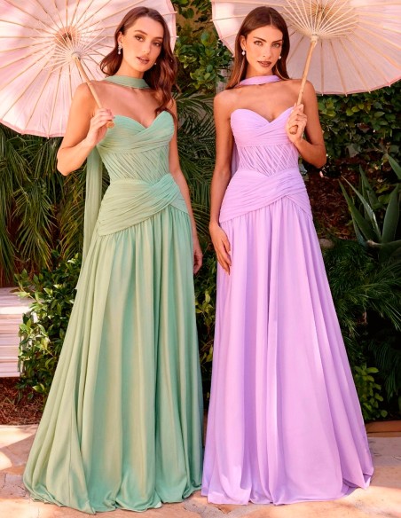 Long chiffon wedding guest dress with sweetheart neckline and matching shawl