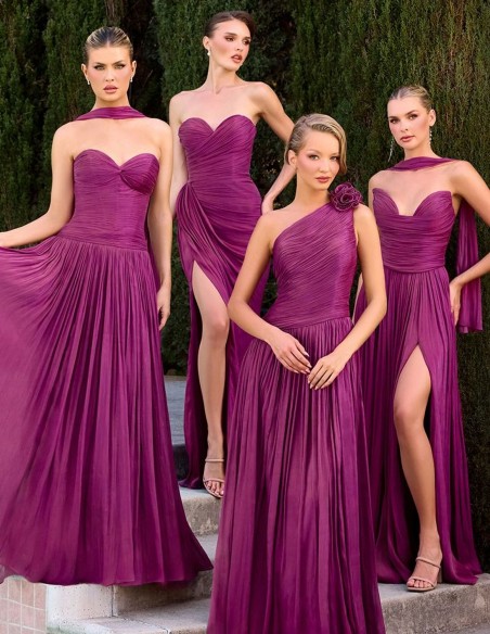 Vestido de invitada largo con escote corazón y gasa plisada