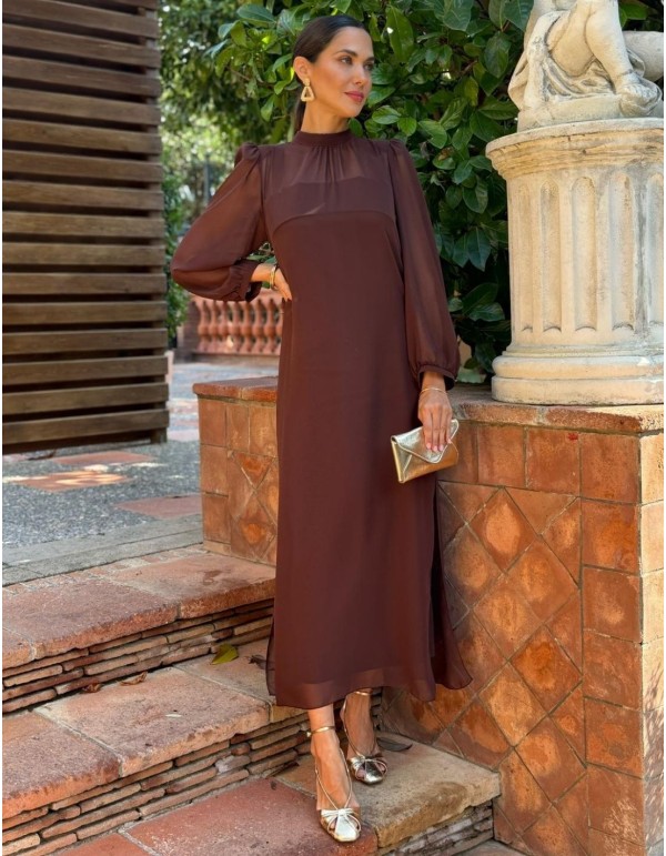 Midi guest dress with chiffon overlay sleeves
