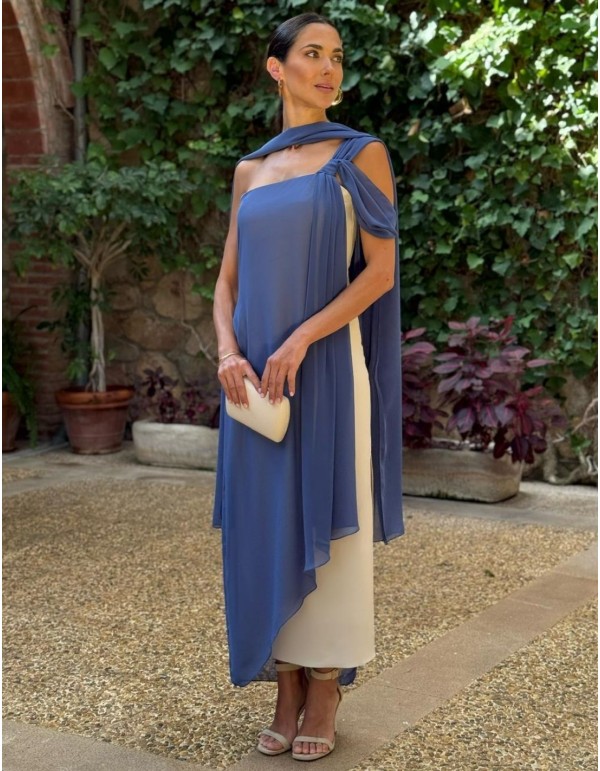Robe midi bicolore avec encolure asymétrique et cape en...