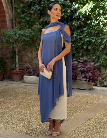 Two-tone midi dress with asymmetrical neckline and chiffon cape
