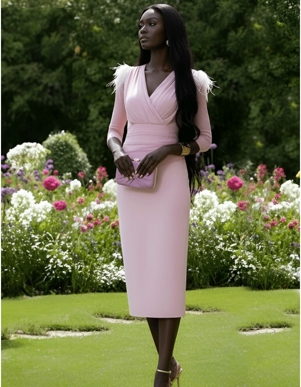 Elegant draped midi dress with flattering draped neckline