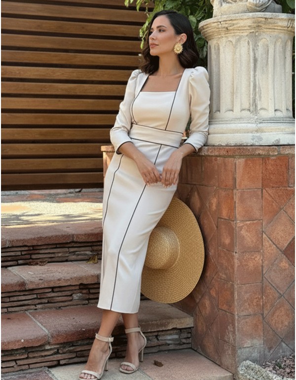 Vestido midi de invitada beige con manga francesa y pespuntes marrones mama de comunion 2