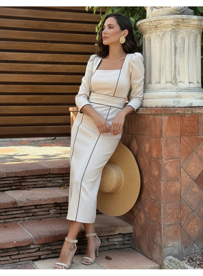 Vestido midi de invitada beige con manga francesa y pespuntes marrones comunion