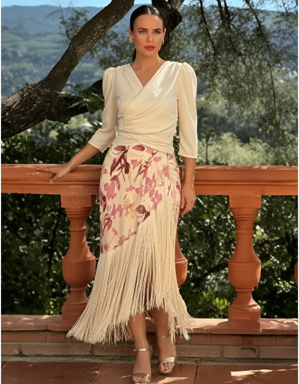 Printed blouse and skirt set with draped front and bangs... 2