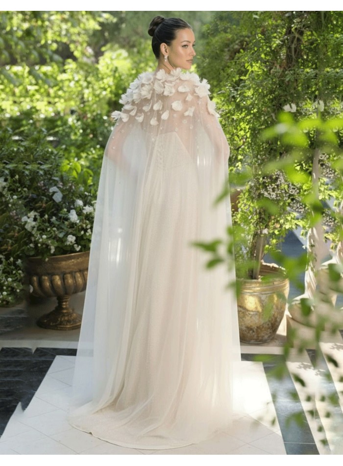 Bridal cape with rhinestones and flower appliqués
