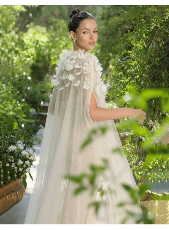 Bridal cape with rhinestones and flower appliqués