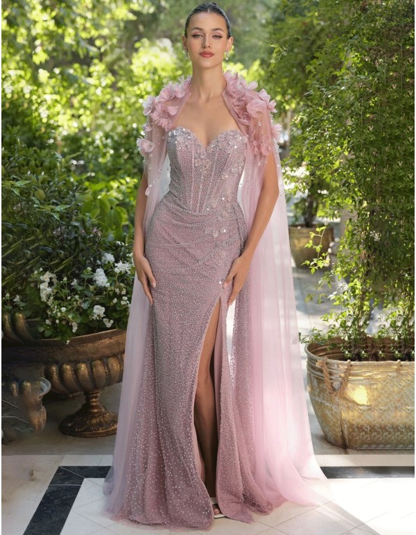 Robe couture bustier avec corsage brodé et fente latérale 2
