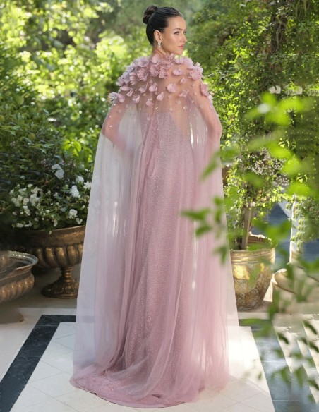 Couture guest cape with tulle and floral appliqués