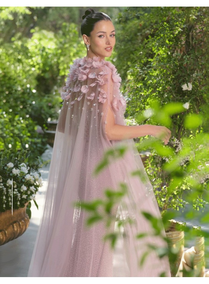 Couture guest cape with tulle and floral appliqués
