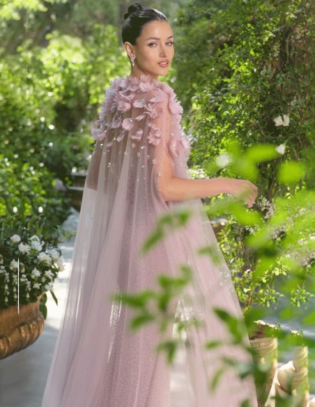 Couture guest cape with tulle and floral appliqués