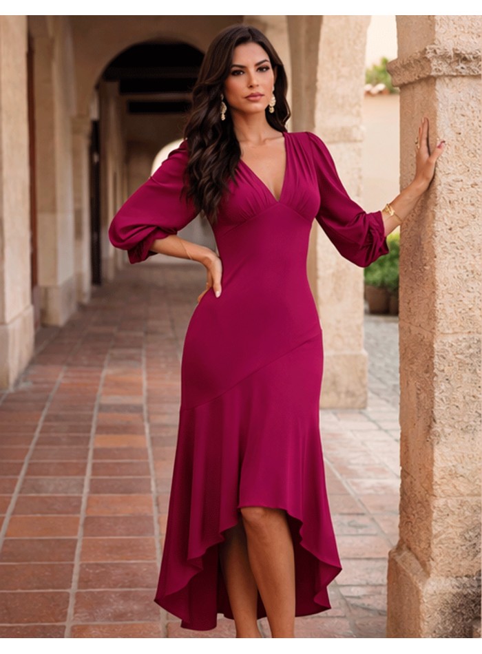 Vestido midi asimétrico con volantes para invitada elegante para invitada a boda de día