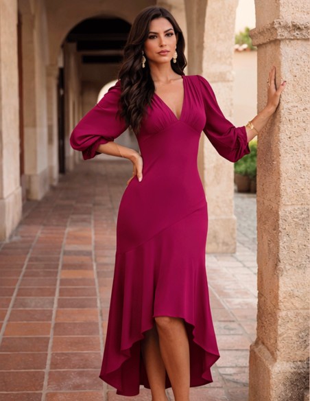 Vestido midi asimétrico con volantes para invitada elegante para invitada a boda de día