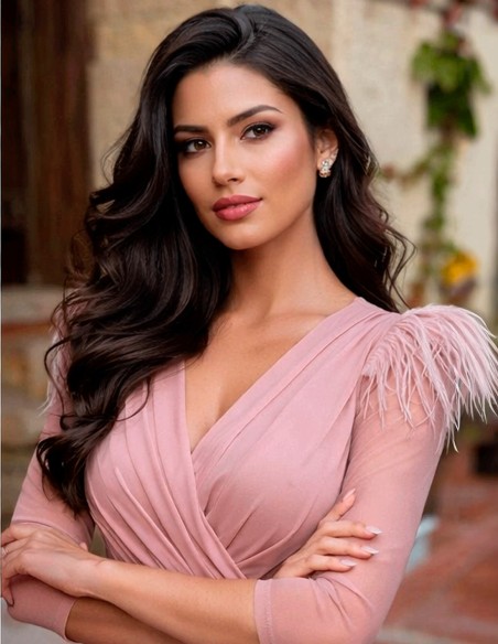 Long gown with tulle sleeves and feathers