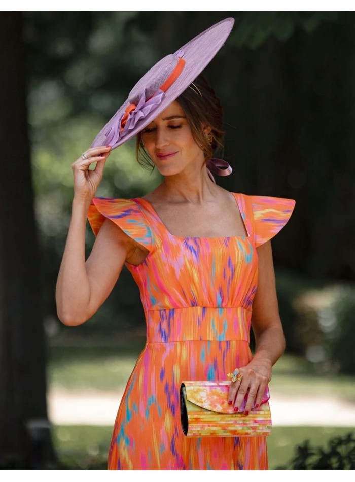 Pamela de sinamay malva con detalles naranja