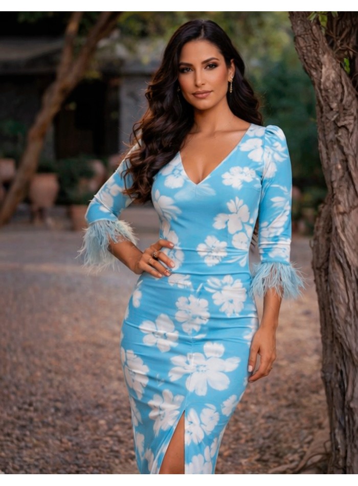 Printed Midi Dress with Feathers and Central...