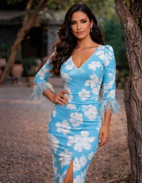 Printed Midi Dress with Feathers and Central Draping