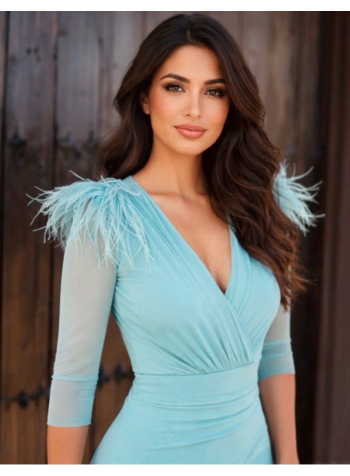 Ice blue midi wedding guest dress with sheer...