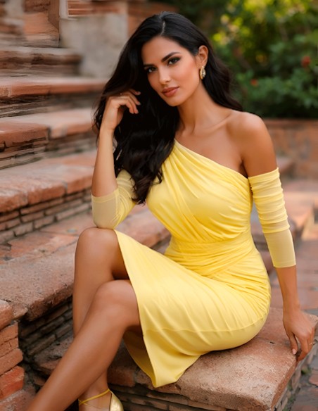 Robe d'invité midi avec encolure asymétrique et corsage drapé