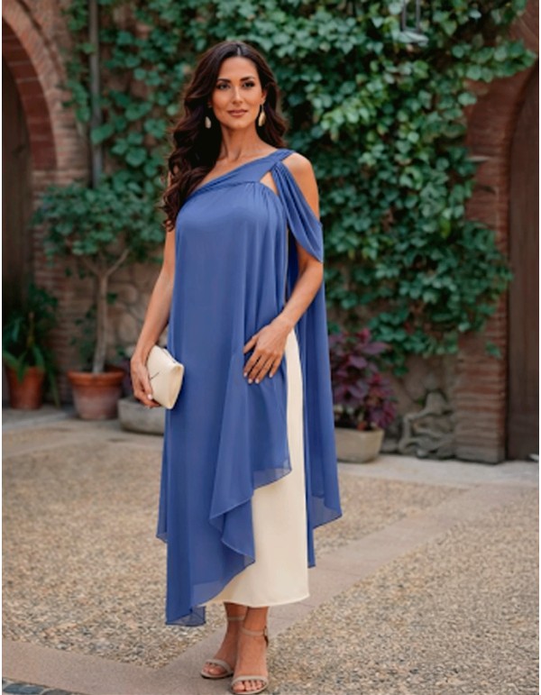 Robe midi bicolore avec encolure asymétrique et cape en...