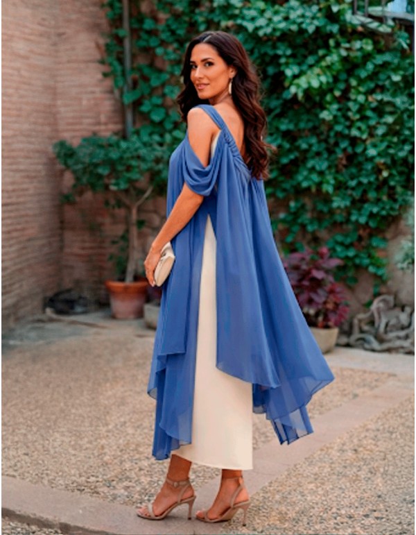 Vestido de invitada midi bicolor con escote asimétrico y capa de gasa 2