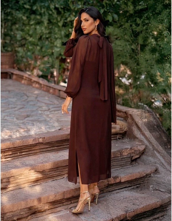 Midi guest dress with chiffon overlay sleeves 2