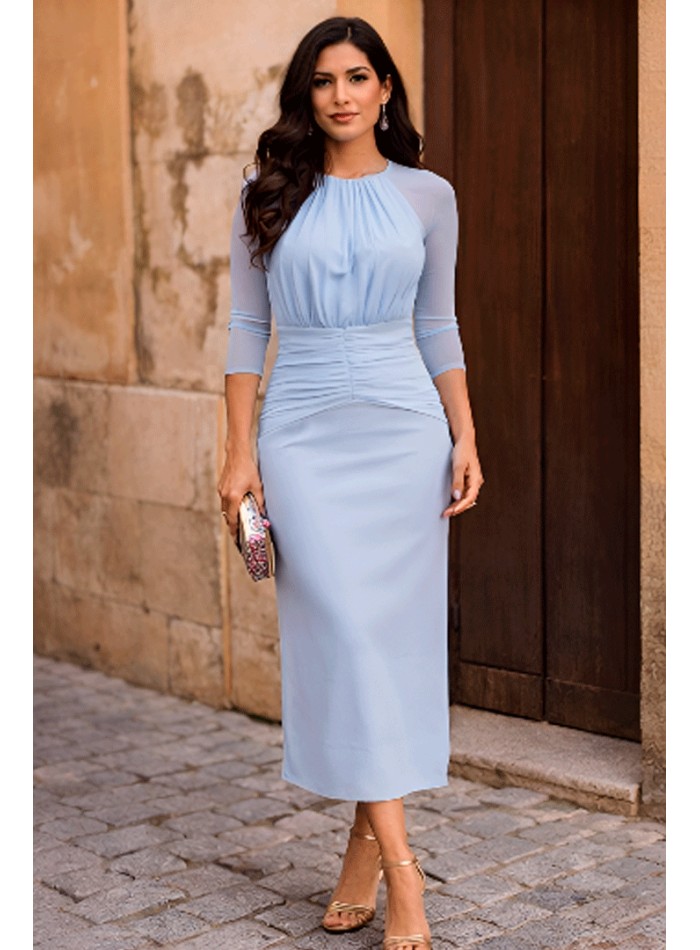 Pastel blue midi dress with sheer sleeves and...