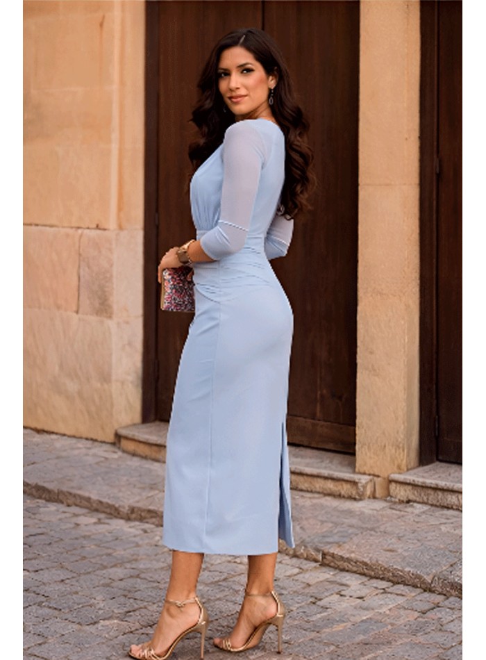 Pastel blue midi dress with sheer sleeves and...