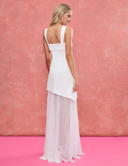 Wedding dress with square neckline and asymmetrical chiffon skirt