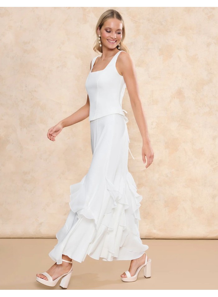 Falda de novia midi vaporosa de gasa con volantes asimétricos