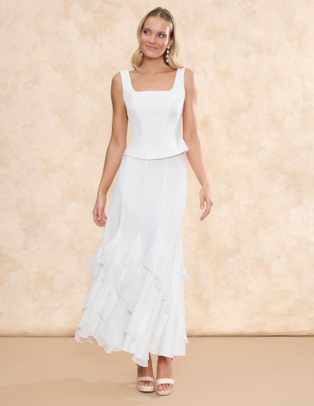 Jupe de mariée midi en mousseline de soie avec volants asymétriques