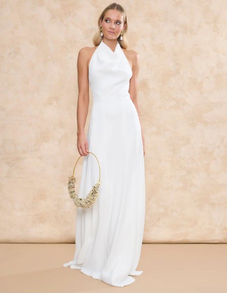 Long wedding dress with draped halter neckline and open back