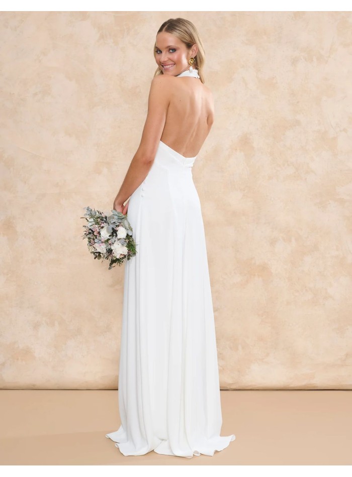 Long wedding dress with draped halter neckline...