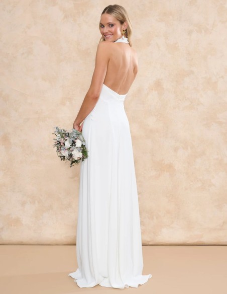 Long wedding dress with draped halter neckline and open back