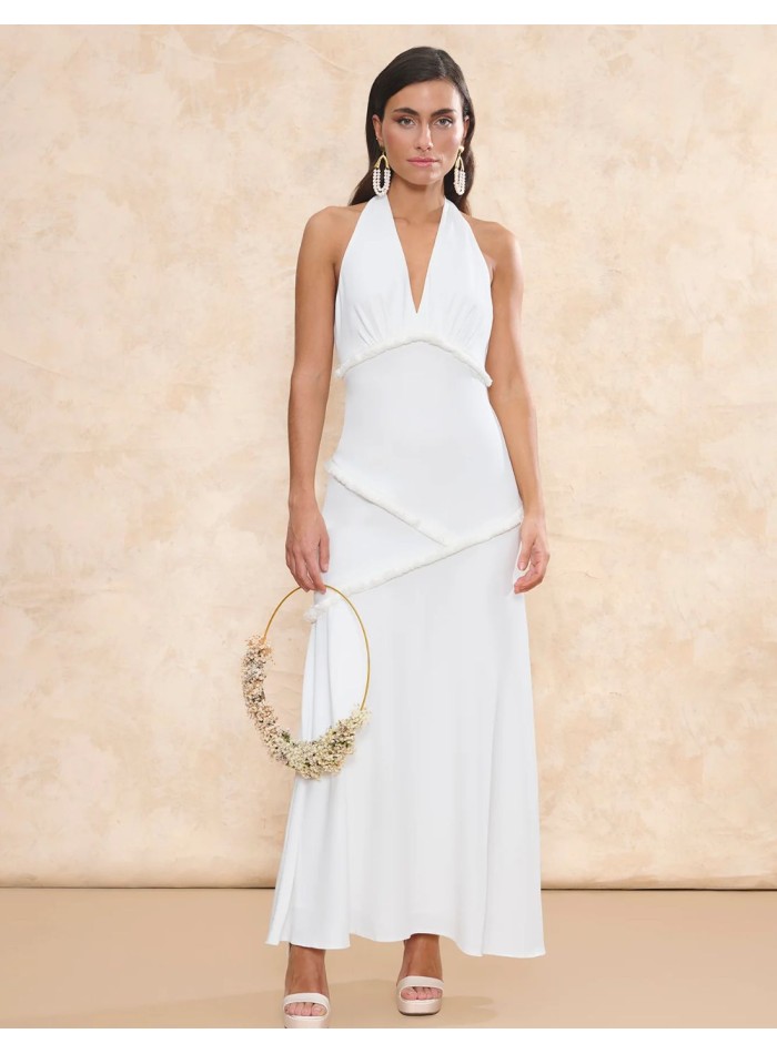 Robe de mariée longue avec nœud de cou et...