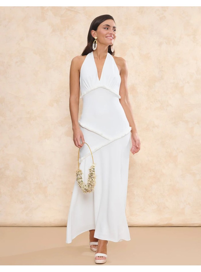 Robe de mariée longue avec nœud de cou et...