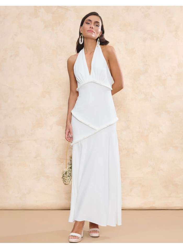 Long wedding dress with knot at the neck and...