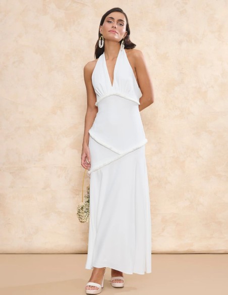 Vestido de novia largo con nudo en el cuello y ribetes