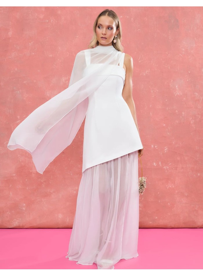 Long châle de mariage blanc en mousseline de soie